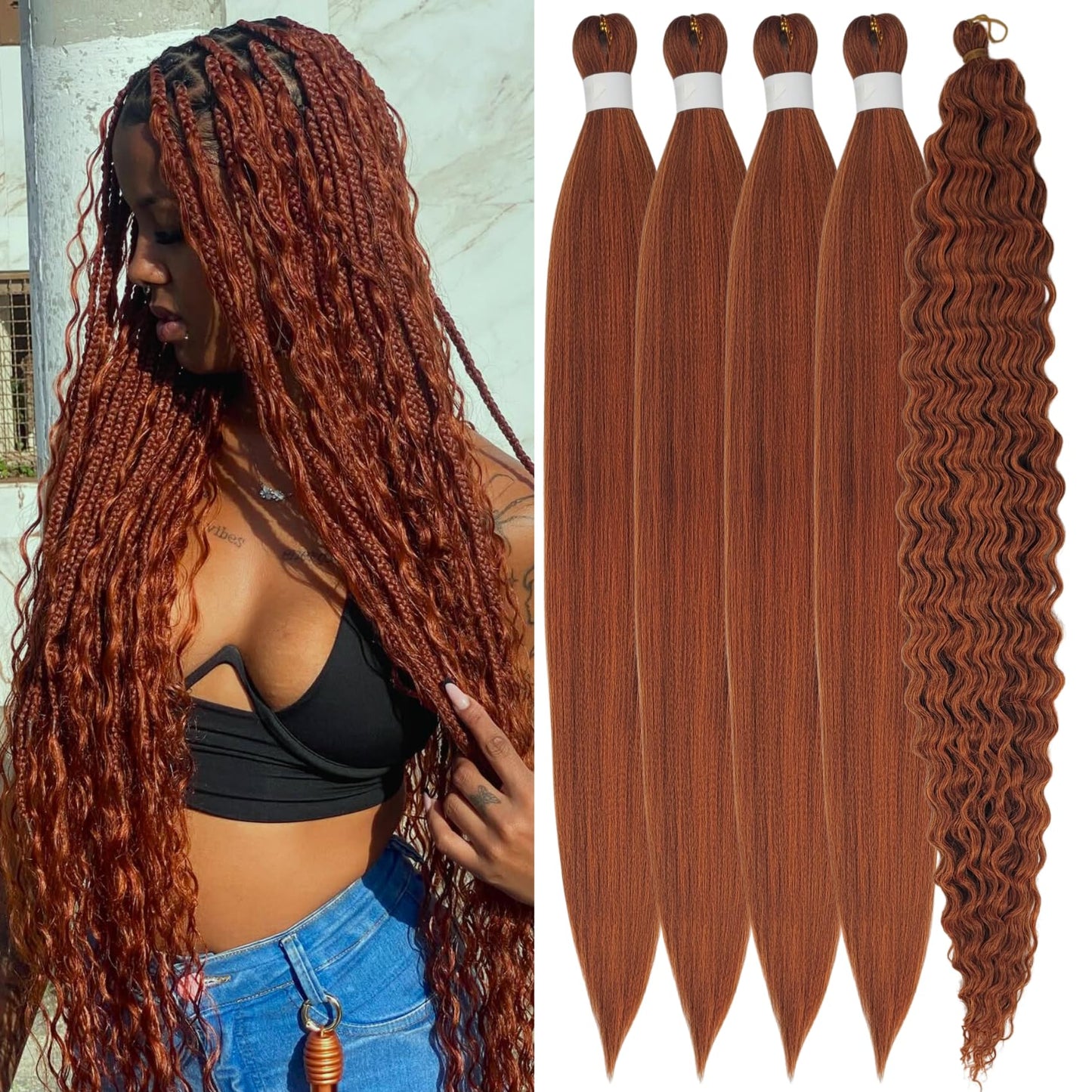 Bright Ginger Boho Braiding Hair Curly Pre Stretched Knotless Braiding Hair for Boho Braids(30 inch, Packs of 4)