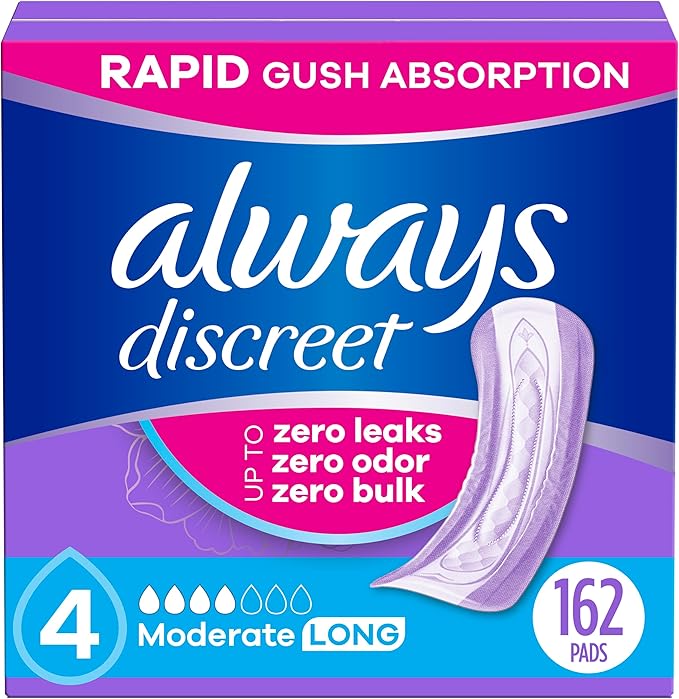 Always Discreet Adult Incontinence Pads for Women, Moderate Absorbency, Long Length, Postpartum Pads, 162 Count (3 Packs of 54)
