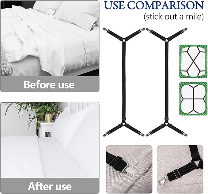 Bed Sheet Holder Corner Straps-Adjustable Crisscross Sheet Clips,Elastic Band Fitted Bedsheet Fasteners Suspenders Grippers,2Pcs Black