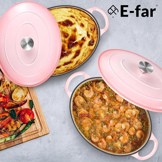 E-far 7QT Oval Dutch Oven Pot with Lid, Enameled Cast Iron Dutch Oven with Dual Handles, Heavy-Duty Cookware for Sourdough Bread Baking, Braising, Stews, Oven Safe & Easy Clean, Pink