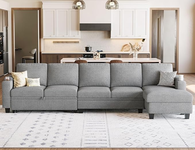 Belffin Modular Sectional Sleeper Sofa Bed with Storage Chaise L Shaped Sectional Couches for Living Room Armrest with Cup Holder. Light Gery Couch