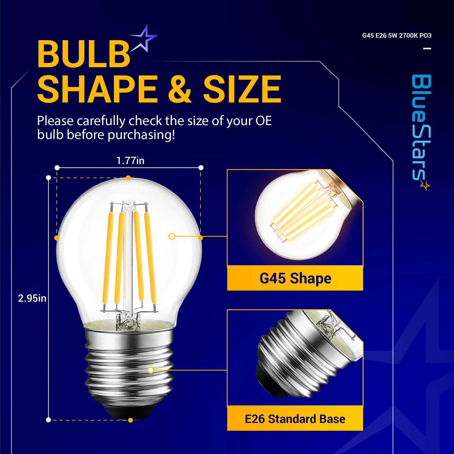 BlueStars G45 E26 Edison LED Filament Globe Bulb 120V 5W (60 Watt Equivalent), 2700K Warm White Light 550lm Non-Dimmable for Indoor Outdoor Holiday Home Decoration - 3 Packs