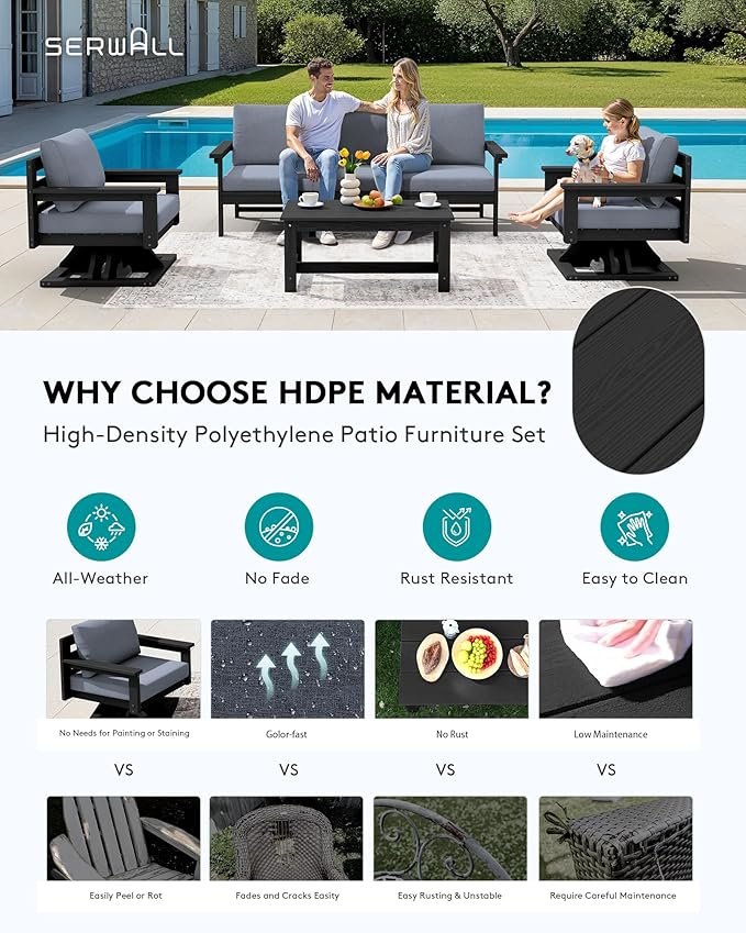 SERWALL HDPE Outdoor Patio Furniture Set, All-Weather 3-Seater Couch with 2 Single Seat Swivel Sofas with Thick Cushions for Lawn, Deck, Black Frame with Gray Cushions