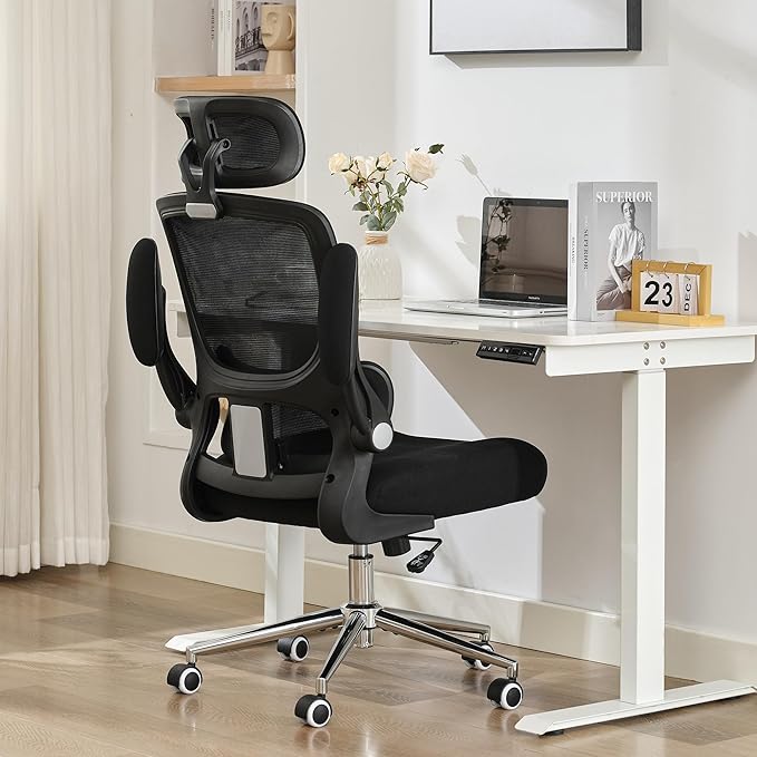 BOWTHY Ergonomic Office Chair,Home Mesh Office Desk Chairs,High Back Chair 330 LBS,Swivel Computer Task Chair with Adjustable Lumbar Support,Up&Down Flip-Up Arms,Rocking Function (Black)