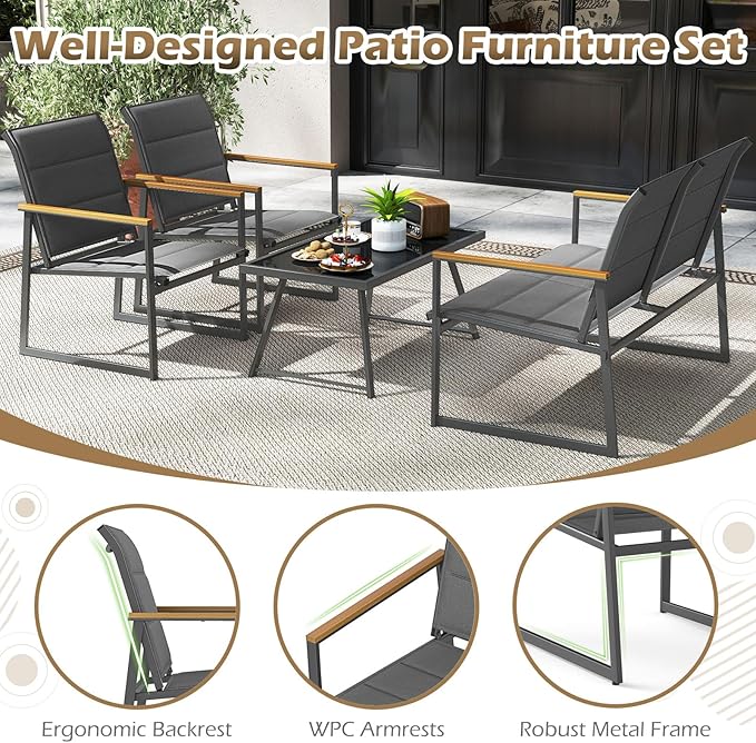 Tangkula 4 Piece Patio Furniture Set, Outdoor Metal Conversation Set with Padded Fabric Seat & Wood-Plastic Armrests, Sectional Sofa Set with Tempered Glass Coffee Table for Backyard, Porch (Gray)