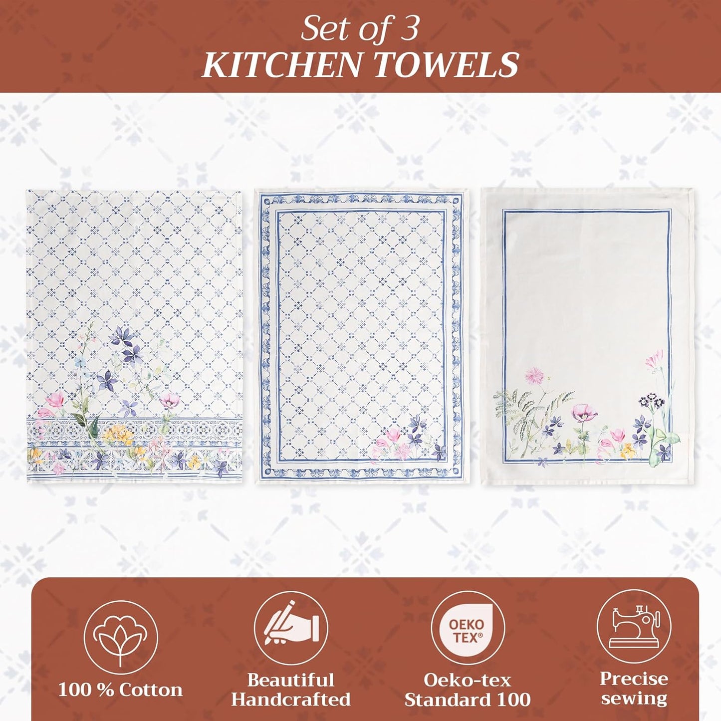Maison d' Hermine Kitchen Towels Set of 3 100% Cotton 27.50" x 20" Reusable Cloth Tea Dish Towels Absorbent with Hanging Loop for Kitchen, Home, Dining, Cocktail Parties Spring/Summer (Faience)