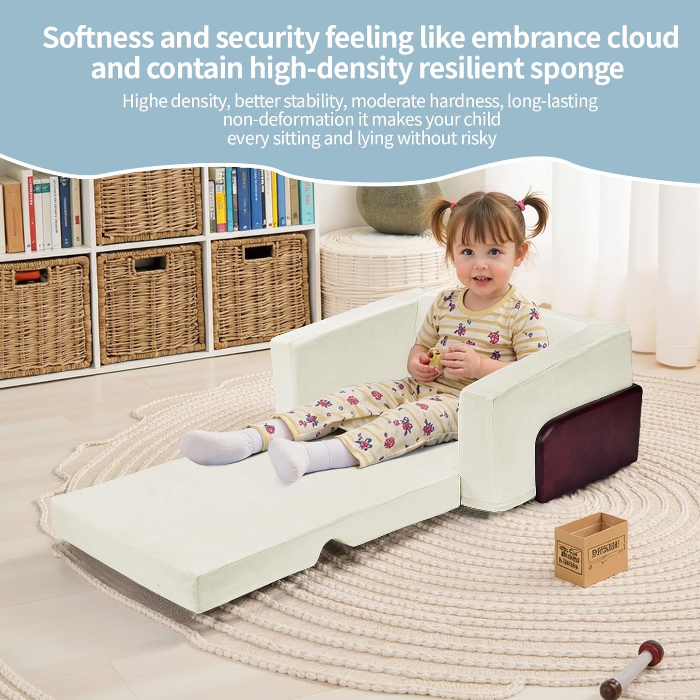 UBINGSOPA Kids Couch, 2-in-1 Sturdy Soft Toddler Couches That Fold Out for Playroom, Kids Chairs Comfy Toddler Wooden Frame