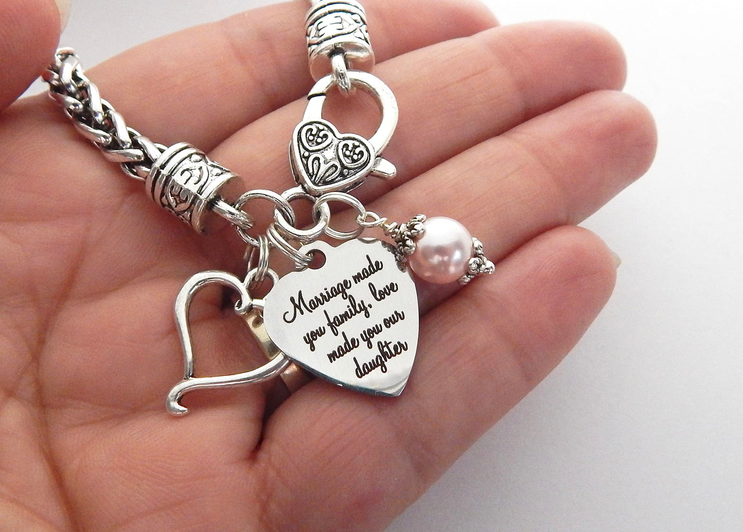 Daughter In Law Birthday Gift Wedding Bracelet Gift for Bride Bonus Daughter Jewelry Step Daughter Gift NEW DAUGHTER Bracelet Jewelry from Mother in Law (Love made you our Daughter)