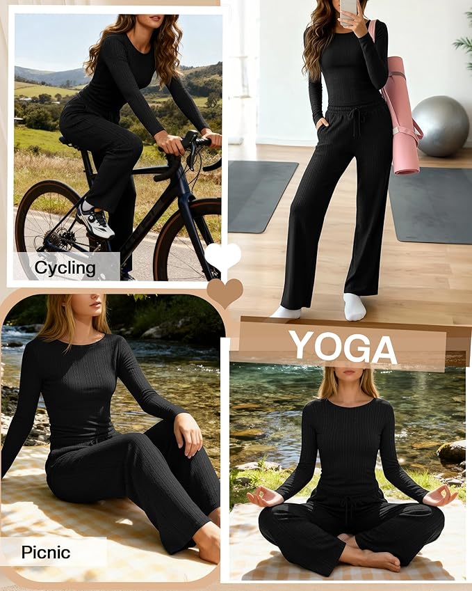 Evervibe Women's 2 Piece Lounge Set Long Sleeve Crew Neck Top Drawstring Wide Leg Pants Casual Tracksuit Matching Set