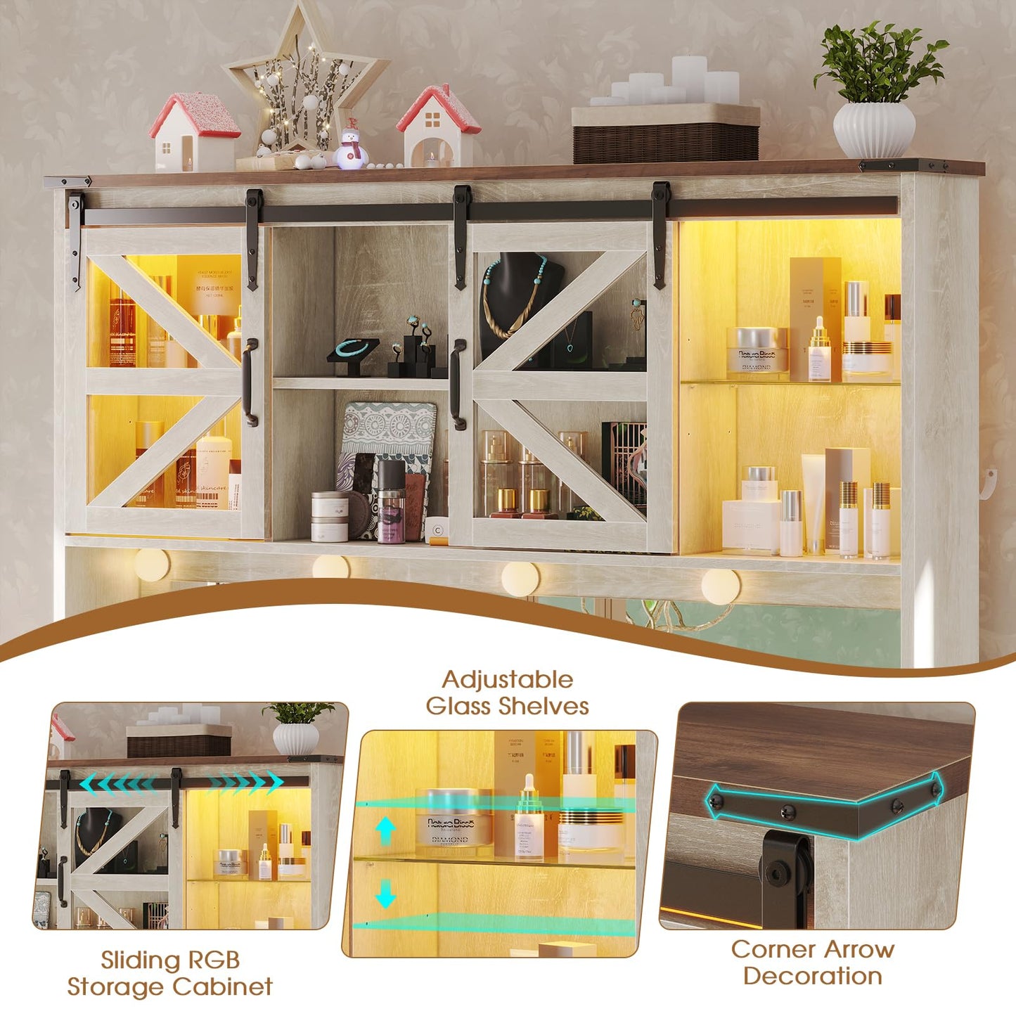 busyaeh Farmhouse Vanity Desk with Mirror and Lights,75.2" Makeup Vanity with 9 Drawers & 2 Sliding RGB Door and Charging Station,Vanity with 3 Color Light Modes,Big Vanity for Bedroom,Antique White