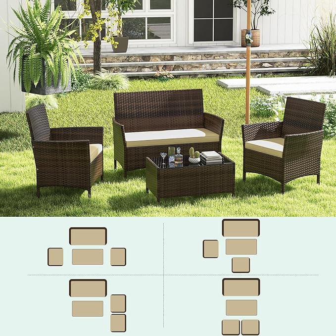 RELAX4LIFE 8-Piece Patio Furniture Set - Rattan Outdoor Conversation Bistro Set w/Cushions, Glass Coffee Table, Wicker Chairs & Loveseat for Garden Backyard Porch, Balcony Furniture Set (2, Beige)