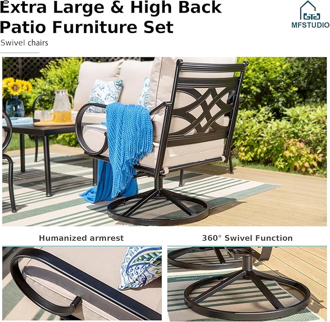 MFSTUDIO 7 Seats Metal Patio Furniture Sets, 6 Pieces Outdoor Sectional Sofa Conversation Set with 2 x Swivel Chairs, 2 x Fixed Chairs, 1 x 3-seat Sofa and 1 x 45 inches Rectangular Fire Pit Table