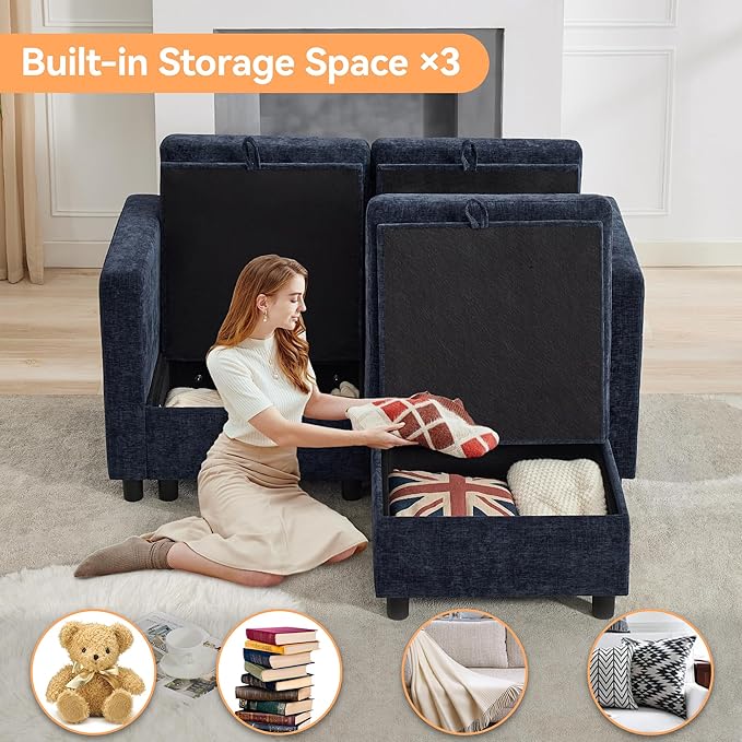 WUTUTUEE 58'' Modular Sectional Loveseat Sofa with Storage, Comfy Office L Shaped Sofa Couch, Chenille Love Seat Modular Sectional Couch with Movable Ottoman for Living Room, Bedroom, Navy