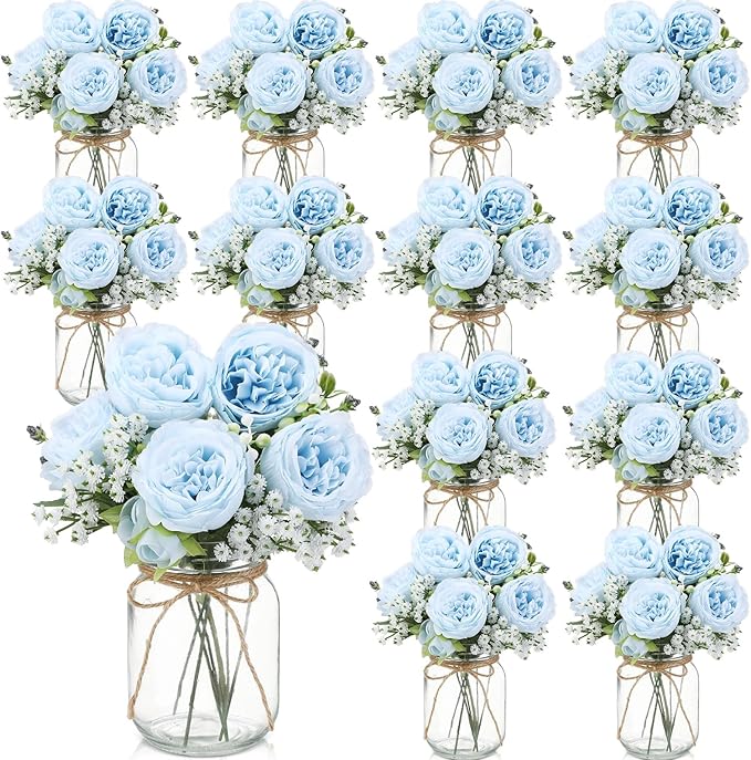 Zeyune 12 Sets Mason Jar Centerpiece Table Decorations, Artificial Peony Baby's Breath Flower Bouquets, Faux Flowers with ...
