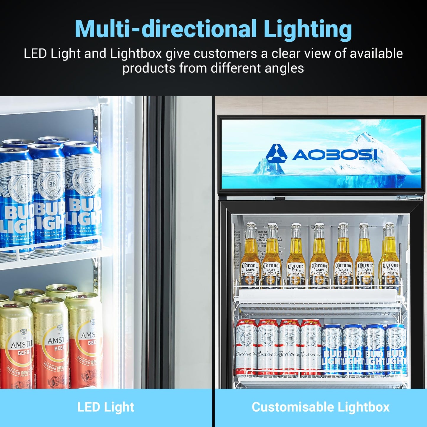 AAOBOSI Commercial Merchandiser Refrigerator,17.1 Cu.Ft Glass Door Display Refrigerator,Upright Beverage Cooler Fridge with Soft LED Light, Customizable Lightbox,Universal Casters,Adjustable Shelves