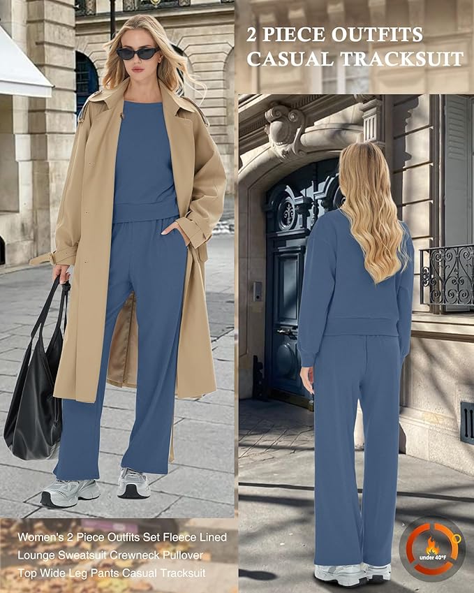 Sweetyweee Women's 2 Piece Outfits Set Fleece Lined Lounge Sweatsuit Crewneck Pullover Top Wide Leg Pants Casual Tracksuit