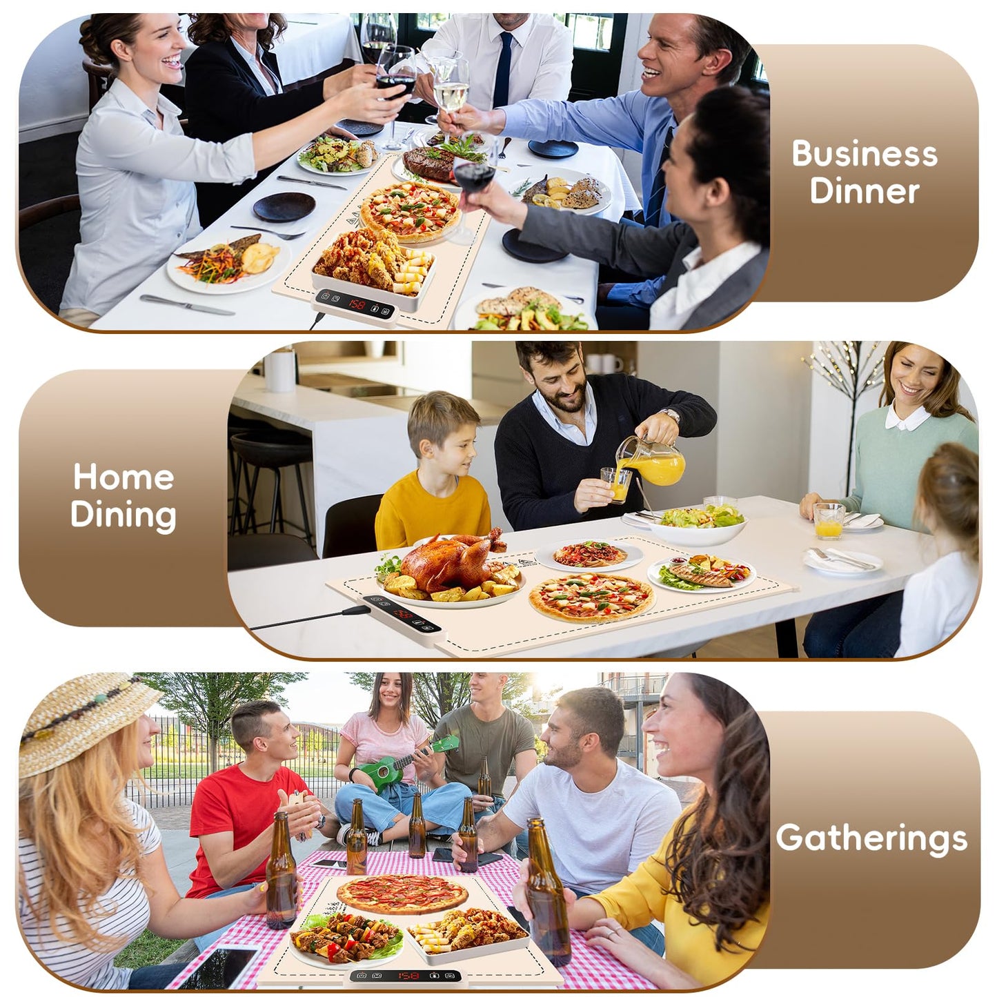 VIPDIGI Food Warming Mat, Electric Warming Tray, Silicone Fast Heating Warmer Pad, 6 Temp Adjustable, Timer & Safety Lock, Auto Shut-Off for Countertops Buffets Party (White)