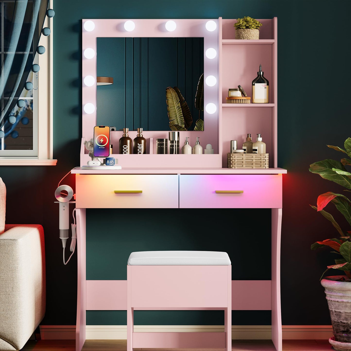 BORNOON Makeup Vanity Desk with Mirror and Lights, Small Makeup Vanity Table Set with Drawers, Power Outlet & Storage Stool, White Vanity with 3 Lighting Modes LED for Women Girls Bedroom