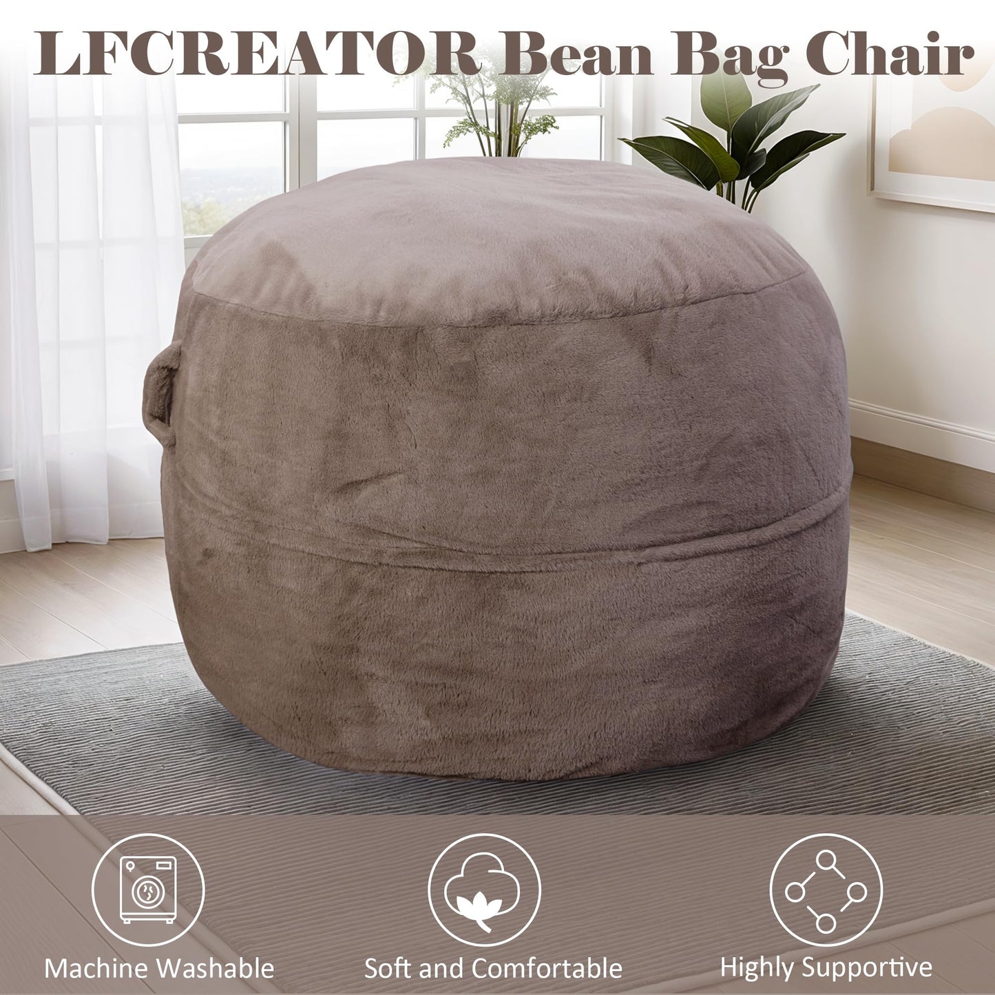 LFCREATOR Giant Bean Bag Chair for Adults, Faux Fur Bean Bag Chair Bed with Mattress Bed Use, Convertible Bean Bag Sofa Bed with Filler Included for Living Room,Bedroom, Brown.Large-Sized