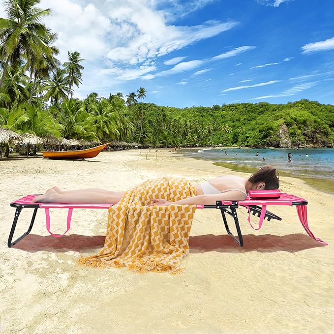 GYMAX Tanning Chair, 350lbs Beach Lounge Chair with Face Hole, Washable Pillow & Carry Strap, Adjustable Folding Chaise Lounge, Layout Lounger for Outside, Patio, Poolside, Lawn (2, Pink Stripe)