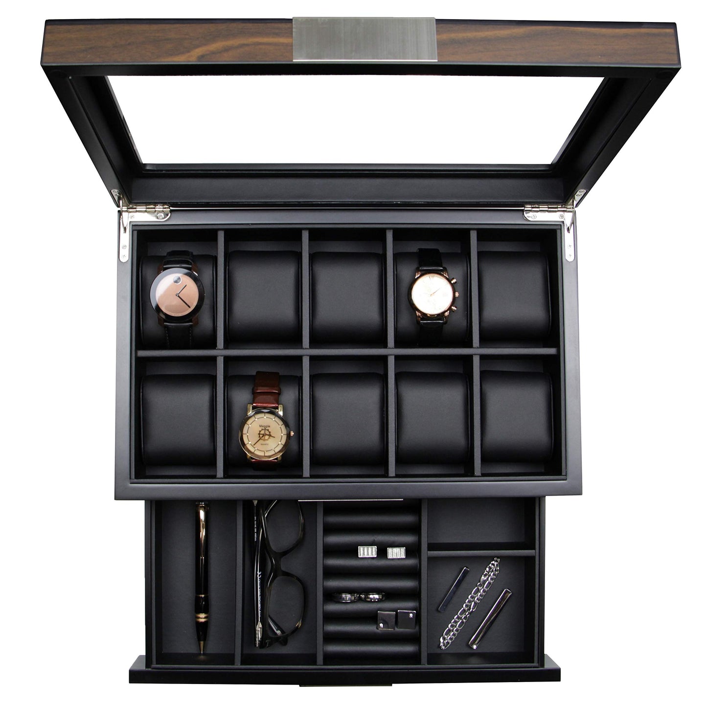 Decorebay Executive Wooden Watch Box Valet Box Sunglasses and Jewelry Box Storage Organizer (Sweetheart) (Brown)
