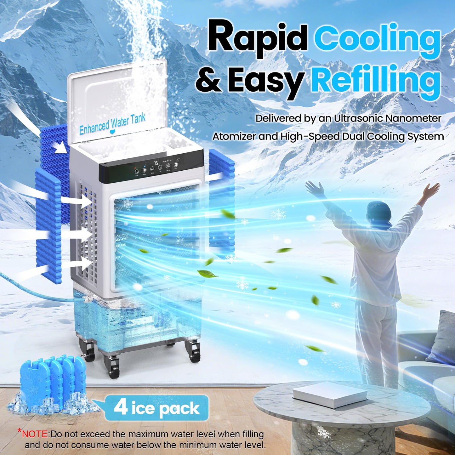 Portable Swamp Cooler Air Conditioner, 4-in-1 Evaporative Air Cooler with 7.5-Gal Tank for 30H Cooling, Dry-Burn Protection, Remote, 12H Timer, 4 Ice Packs, 120° Oscillation for Home Office Garage