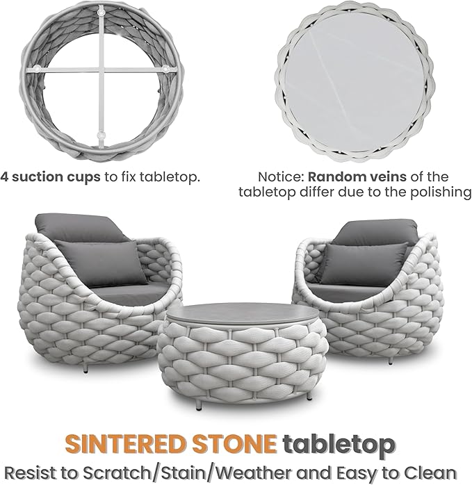 Erotr Front Porch Furniture Set 3 Piece: Aluminum Woven Rope Patio Conversation Sofa Set for 2 - Assembled Outdoor Deck Couch Armchair Set Cushions - for 400lb Balcony Pool Yard Bistro Hotel - Gray