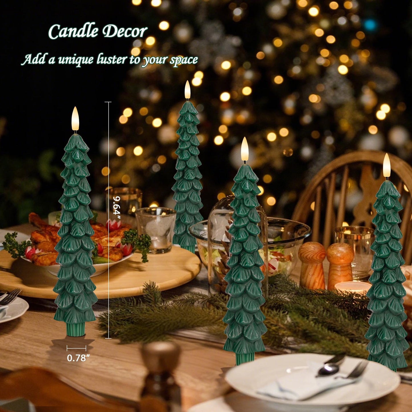 Christmas Tree Candles with Remote, 4 Pack Green Flameless Taper Candles Battery Operated, Real Wax 9.6 Inch Flickering Led Christmas Tree Candlesticks Decorations for Winter Home Holiday Xmas Gift