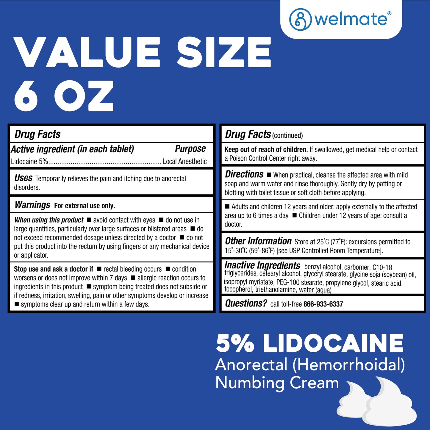 WELMATE 5% Lidocaine Hemorrhoid Numbing Cream, 2 Pack – 6 oz (170 g) Each – Maximum Strength Topical Anesthetic for External Hemorrhoid Relief – Vitamin E – Child-Resistant, Non-Greasy