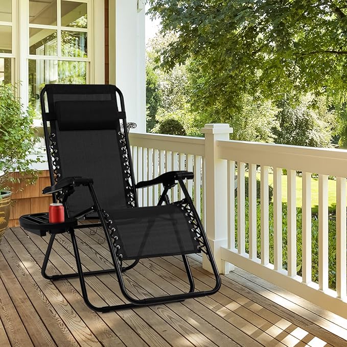 Tangkula Set of 2 Zero Gravity Chair, Folding Patio Lounge Chair Adjustable Outdoor Recliner with Cup Holder, Wide Armrest for Patio Garden Poolside Outdoor Yard Beach, Support 350 lbs (2, Black)