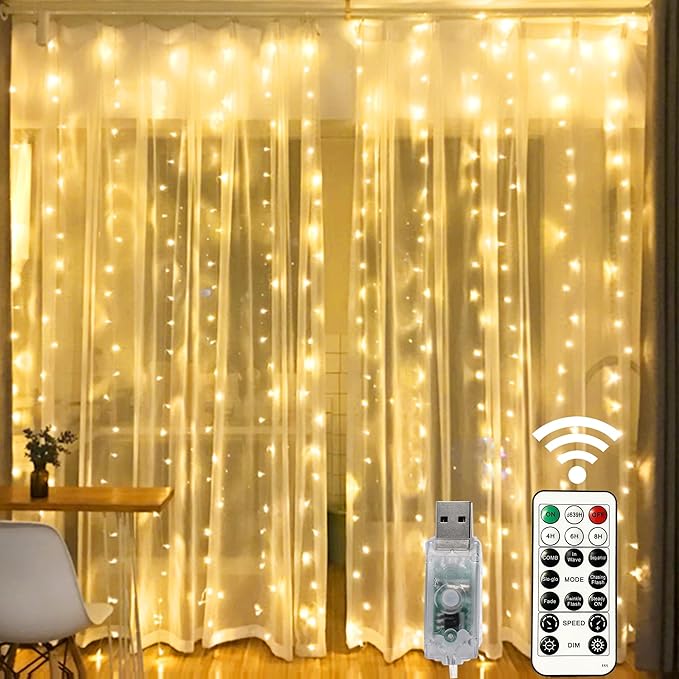 HOME LIGHTING Window Curtain String Lights, 300 LED 8 Lighting Modes Fairy Copper Light with Remote, USB Powered for Chris...