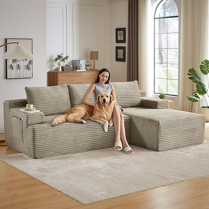 96" Cloud Sectional Couch with L-Shape Chaise, Modern Corduroy Boneless Couch for Living Room,Memory Foam Sofa with Deep Seat,No Assembly Required (Camel,Right-Facing Chaise)