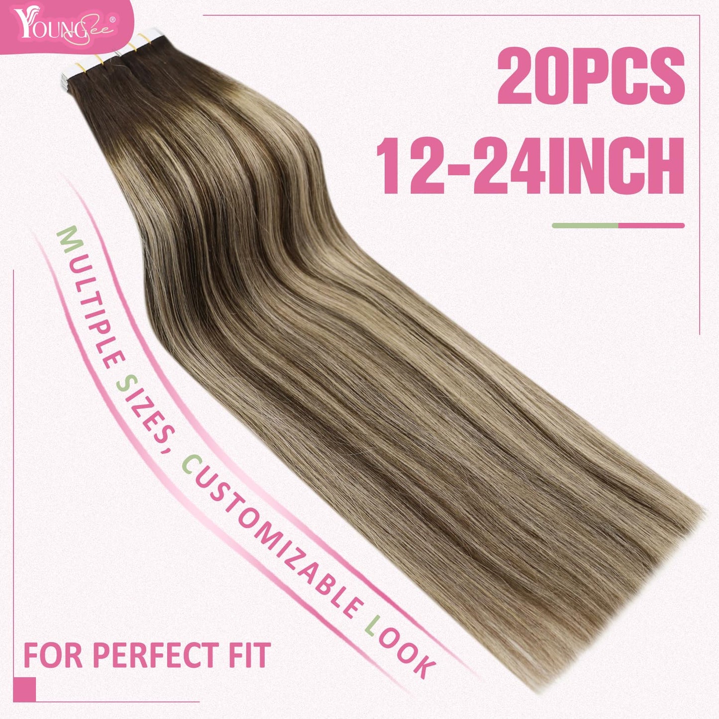YoungSee Tape in Hair Extensions Real Human Hair Balayage Tape Extensions Human Hair Dark Brown Ombre Blonde with Brown Balayage