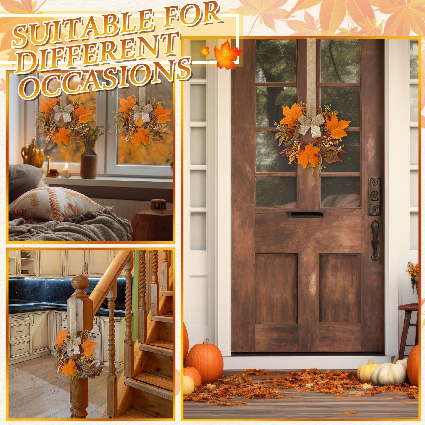 Hoteam 6 Pcs Fall Mini Wreath Thanksgiving Kitchen Cabinet Wreaths with Bow Ribbon Maple Autumn Artificial Faux Garland Small Farmhouse Decorative Garland for Front Door Wall Window(Fall Leaves)
