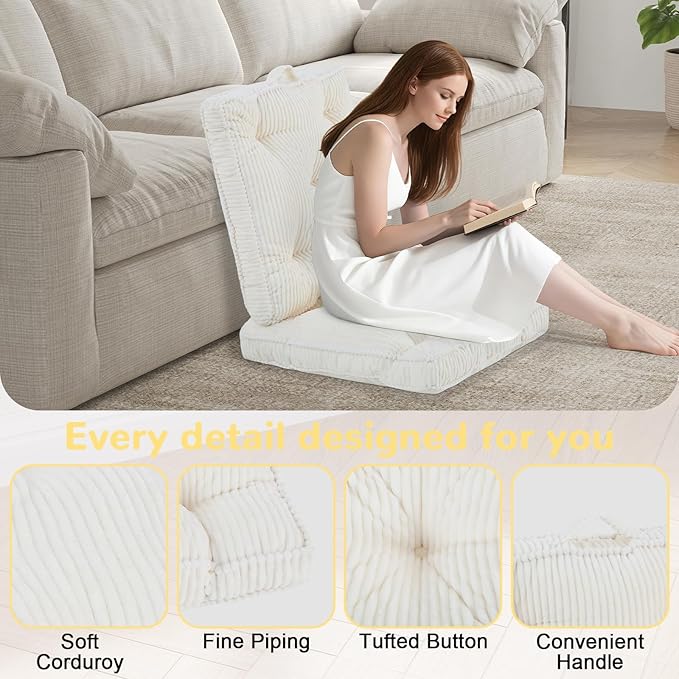 PRIMEPATIO Square Floor Pillow for Adults, Tufted Floor Cushion for Sitting, Large Meditation Cushion, Thick Corduroy Seat with Handle, Tatami Seating for Yoga, 22x22 Inch Beige, 2Pack
