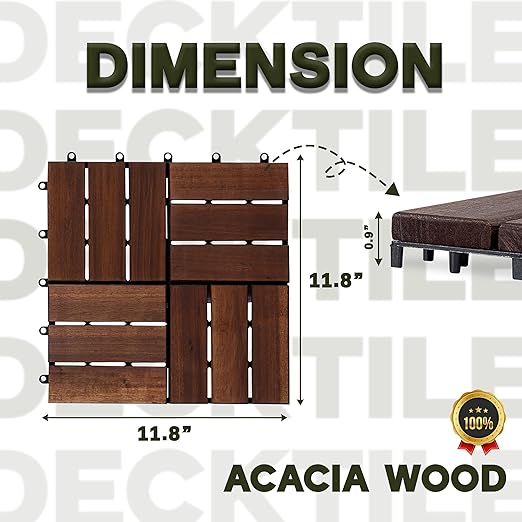 VICTORY RELAX Acacia Wood Decking Tiles 9PCS - Easy Snap Interlocking Deck Tiles for Patio Poolside Balcony Decor - All Weather Waterproof Flooring for Indoor & Outdoor (Round Joints)