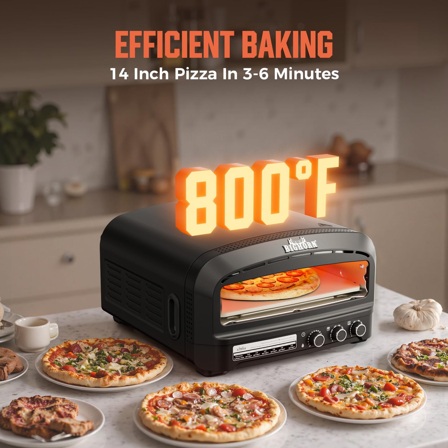 BIG HORN Pizza Oven Indoor, 14" Electric Countertop Pizza Oven with 6 Modes, Heats up to 850°F Pizza Maker, Flip-Up Design Pizza Cooker for Home Kitchen, Restaurants, Parties