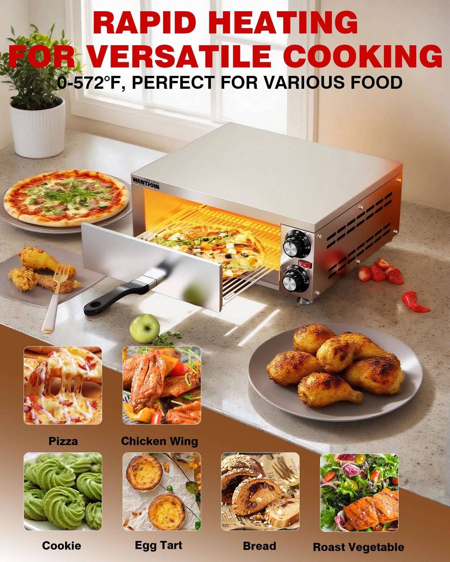 Wantjoin Pizza Oven Indoor - Electric Pizza Ovens Countertop Stainless Steel Commercial Pizza Maker Fits 12" Pizzas, With Timer Crumb Tray, 1100W, For Home, Bars, Food Trucks, Silver