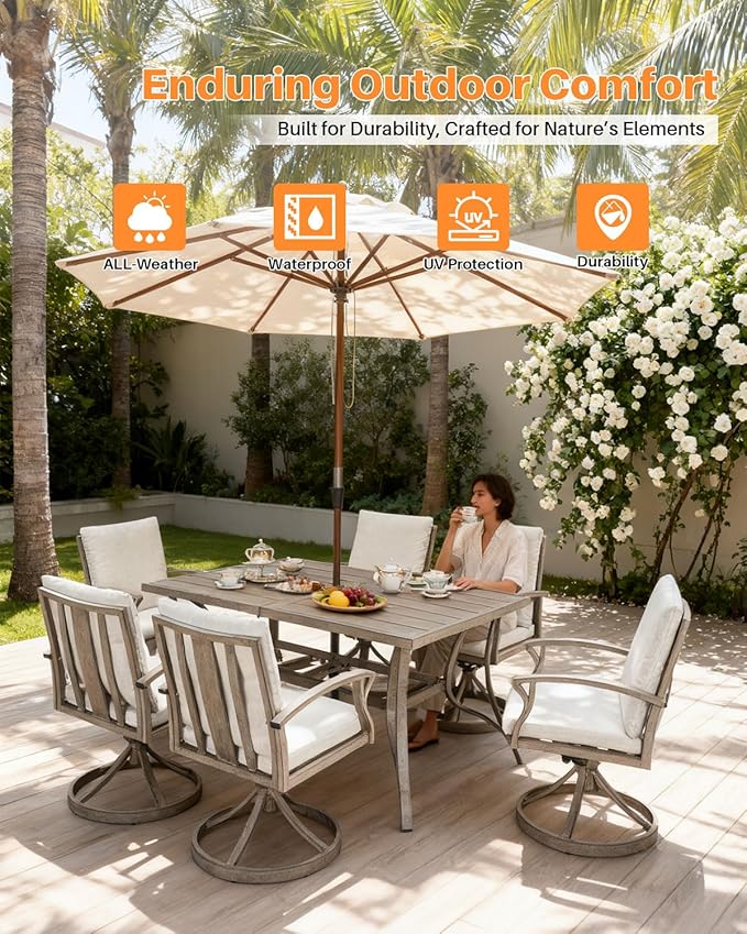 SEEHILL Patio Dining Table for 6, All Weather Outdoor Dining Table with Umbrella Hole, 59.8" x 35.8" Rectangle Patio Table, 6 Person Aluminum Outdoor Patio Table for Deck, Garden Poolside, Limed Oak