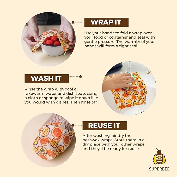 SUPERBEE Beeswax Wrap for Food, Set of 3 Bees Wax Wraps, Reusable Bees Wrap Paper for Wrapping Vegetables & Cheese, Bowl Covers and Sandwich Wrapping Paper, Beeswax Food Wraps - Classic