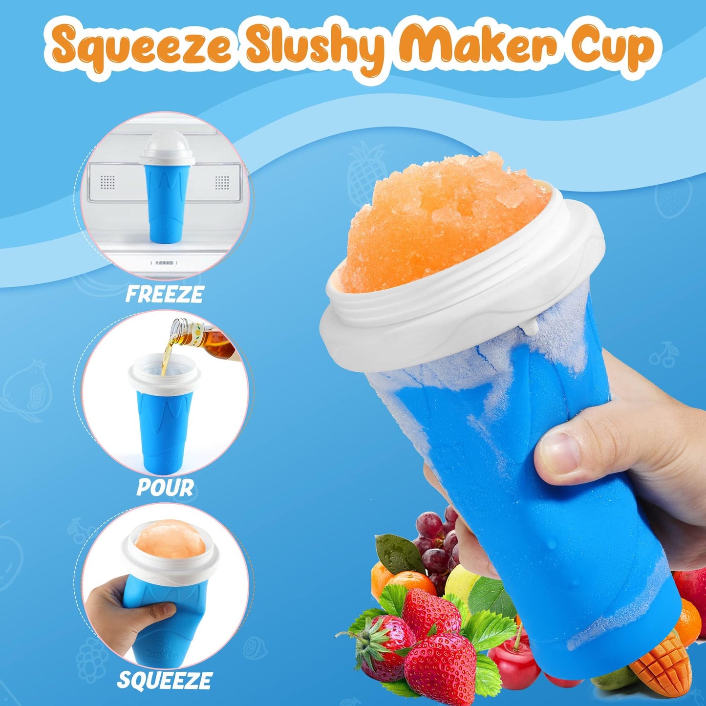 3 Pack Slushy Cup, Slushie Maker Cups, Magic Quick Frozen Squeeze Cups for Ice Cream Juice Milk Yogurt, DIY Smoothie Cooling Cup with Lid and Straw for Kids Friends Family (Blue Pink Green)
