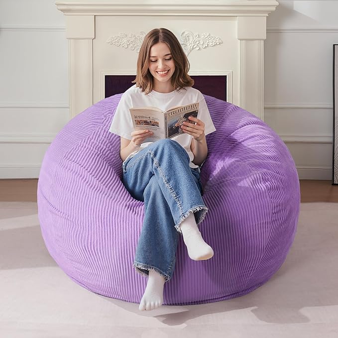 Homguava 4FT Bean Bag Chair for Adults,Teardrop Bean Bags Big Beanbag Chair with Memory Foam Filled and Ultra Soft Removable Corduroy Cover for Living Room, Bedroom (Purple)