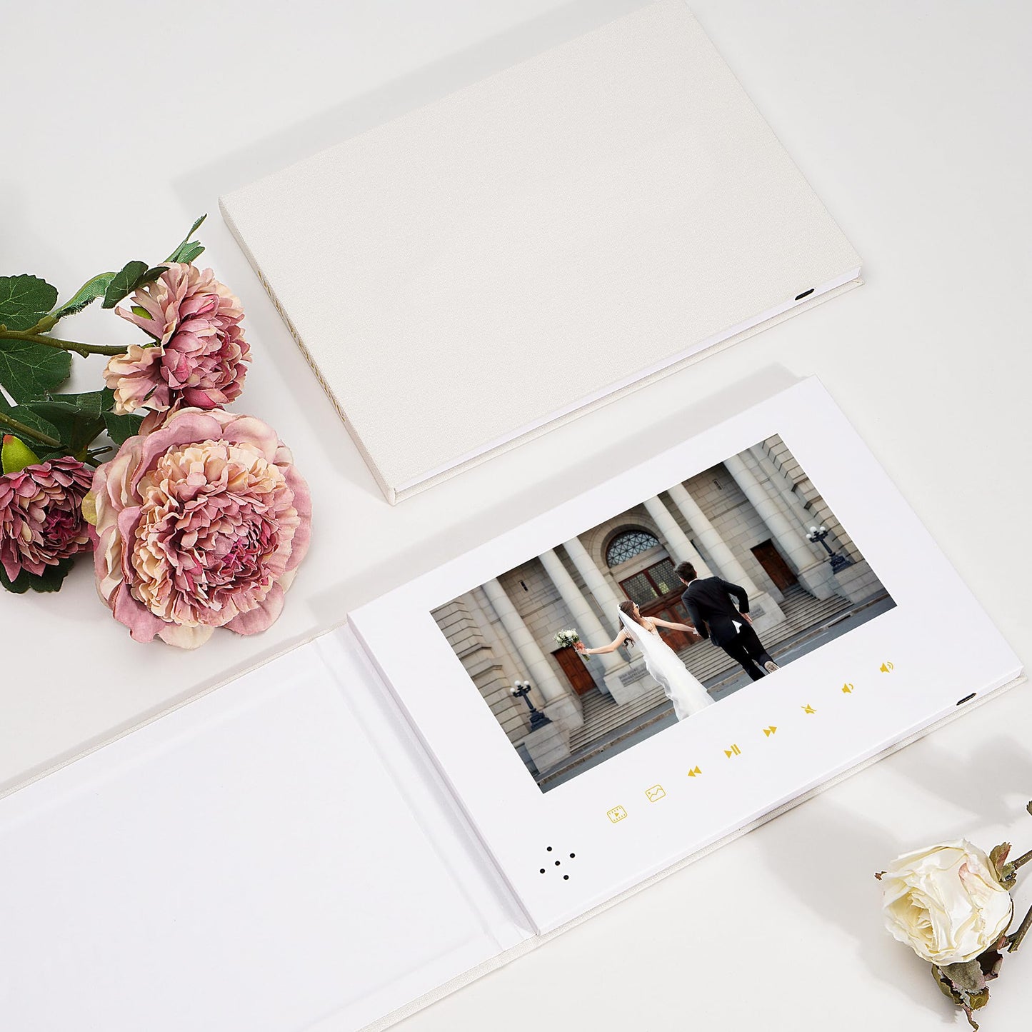 GXNI Luxury Linen Bound Video Book, 7" IPS Display, 4GB Memory, Rechargeable Battery, Up to 3 Hours HD Video Storage, Perfect for Weddings, Graduation Birthdays, Anniversaries, and More (Beige)