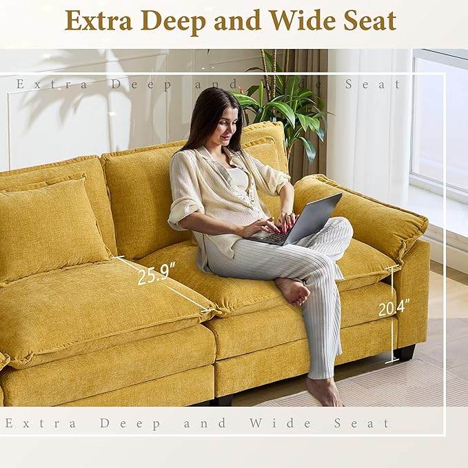 URRED Modular Sectional Sofa Comfy Cloud Couch, Modern Chenille Sofa Sleeper Deep Seat Couches with Ottoman/Pillows for Living Room (Yellow, 117'')
