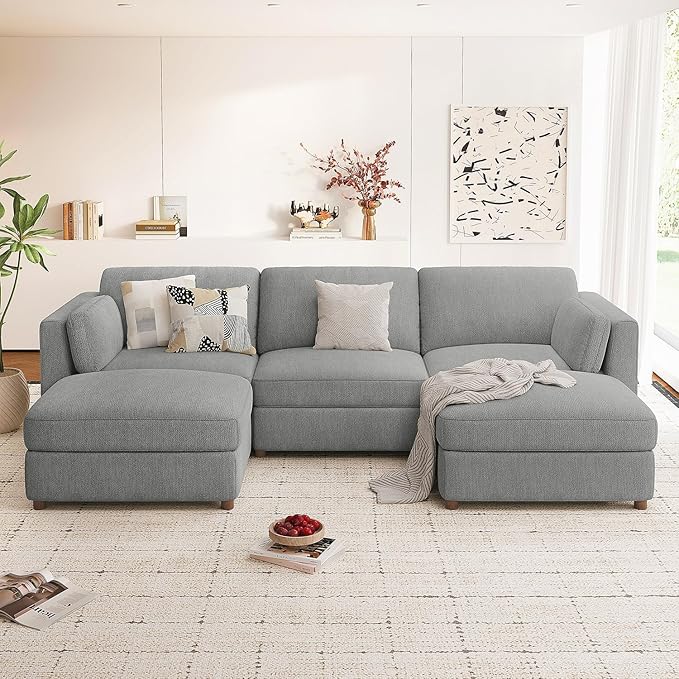 CUGOAO 118'' Modular Sectional Sofa, Oversized U-Shaped Sectional Couch with Ottoman, Deep Seat Chenille Cloud Couch, Mordern Upholstered Couches for Living Room, Apartment, Office, Grey