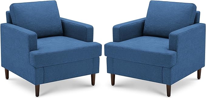 Weture Mid-Century Accent Chair,Modern Linen Fabric Armchair for Living Room,Comfy Upholstered Reading Accent Chairs for Bedroom,Single Sofa Chair with Wood Legs (Blue, 2 Pack)