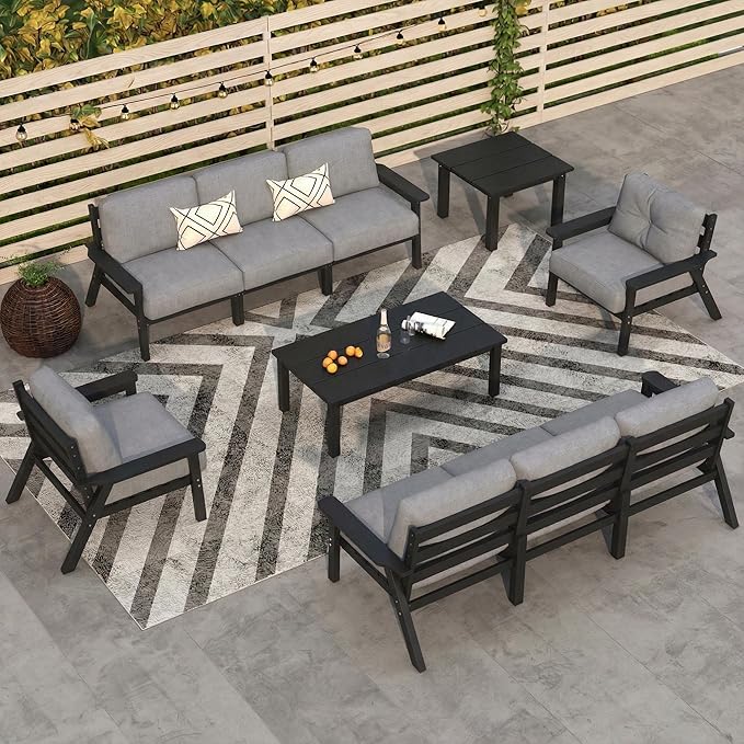 Patio Kingdom 10 Piece Outdoor Patio Furniture Set, Outdoor Couch with Washable Thick Gray Cushions, Coffee Table & Side Table, Patio Conversation Sets for Lawn, Garden, Porch, Balcony (Black Frame)