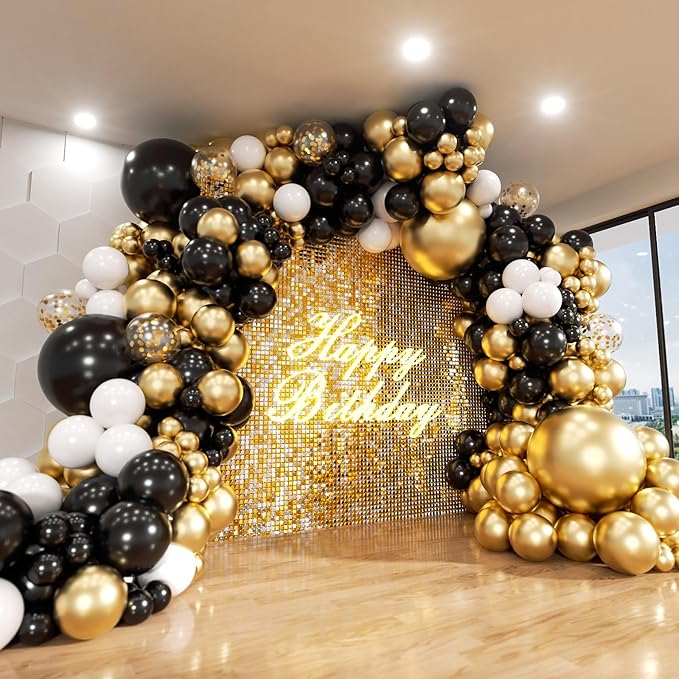 Black and Gold Balloon Arch Kit, ADOINBY 140Pcs Black White Metallic Gold Confetti Latex Balloons 18 12 10 5 Inch Differen...