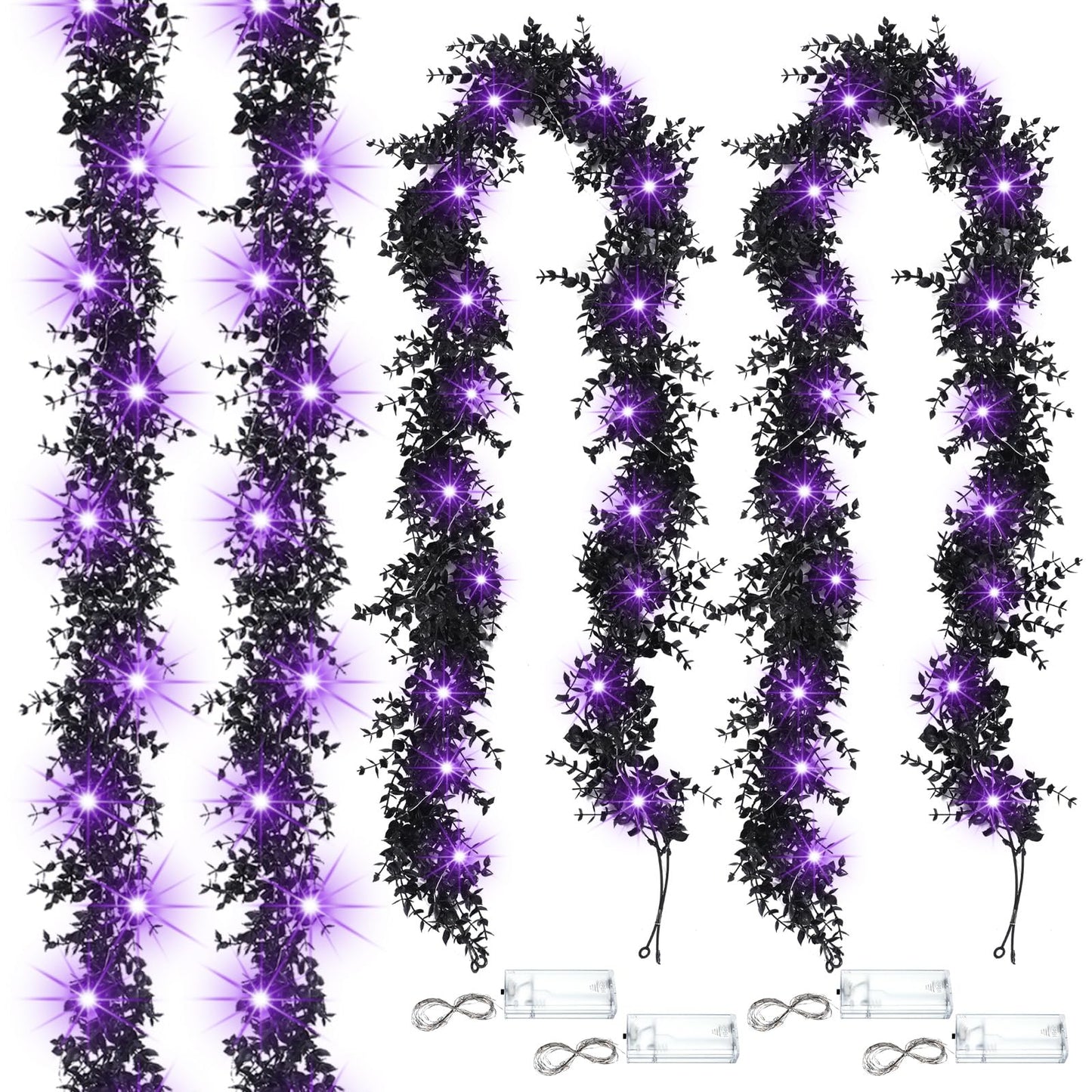 FineCheer 4 Pcs 5.9ft Halloween Black Leaves Garland with Light Artificial Eucalyptus Garland Light up Halloween Garland 20 LED Fake Hanging Eucalyptus Vines Garland Decor for Halloween Autumn Decor