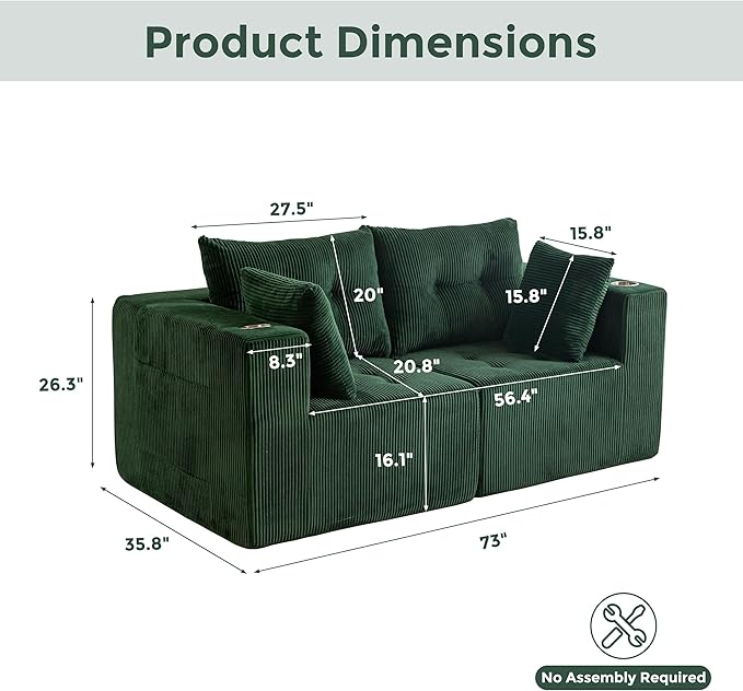 MAXYOYO Modular Sectional Sofa Couch, Loveseat Boneless Cloud Couch for Living Room, Sofa in A Box, Upholstered Cozy Chair with Tufted Craft, No Assembly Required, Green